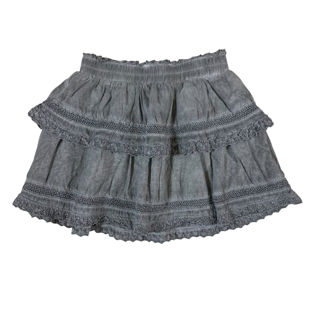 KatieJ NYC Grayโ Ruffle Mini Skirt S Boho Lace Tiered Soft Stretch Cottagecore